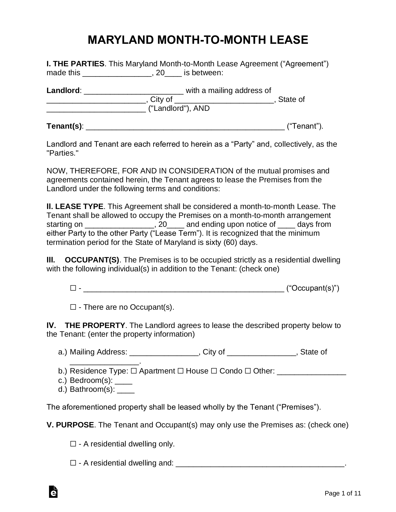 Free Maryland Month to Month Lease Agreement Template PDF Word EForms