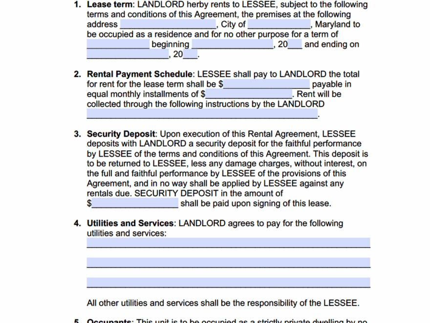Free Maryland Rental Lease Agreement Templates PDF WORD