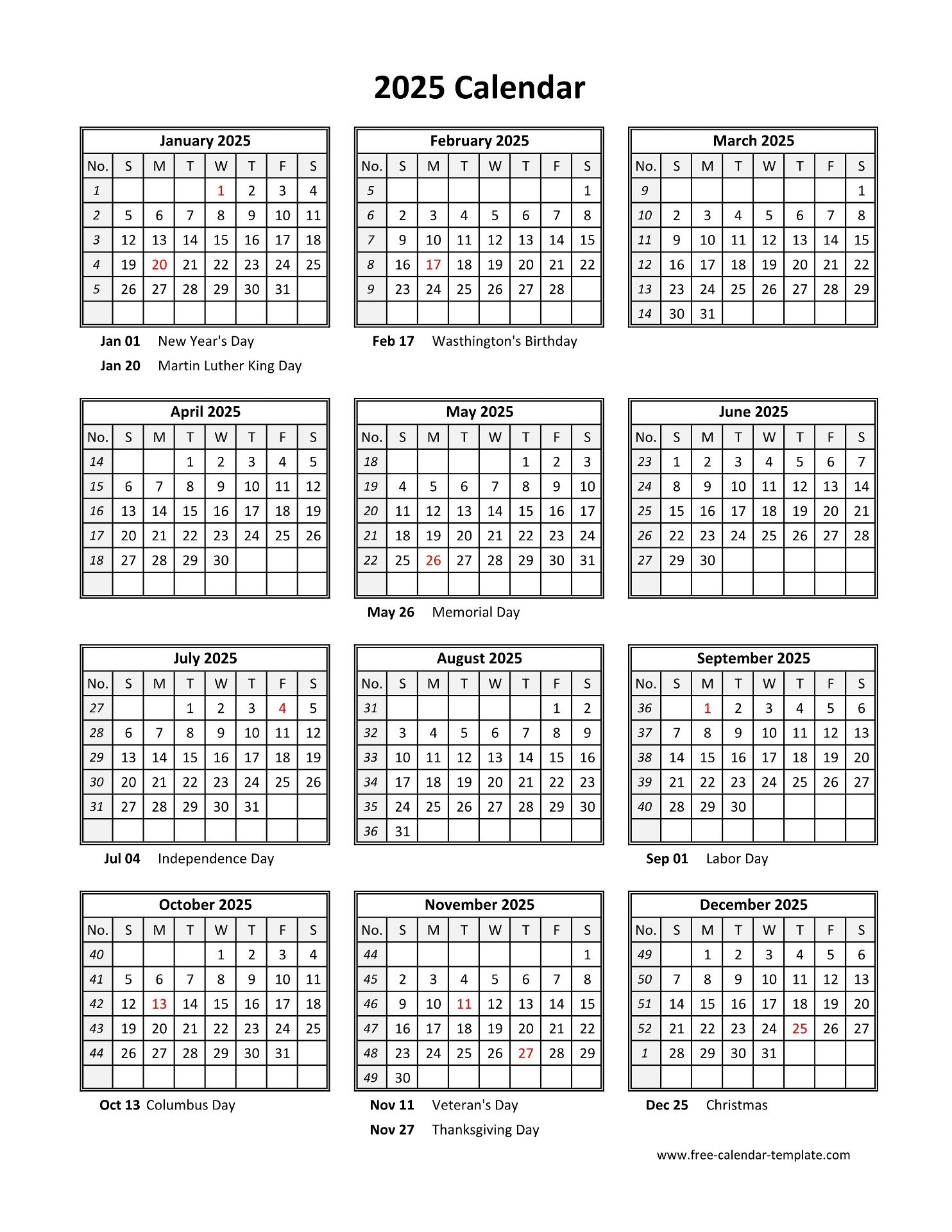 Free Printable Calendar 2025 Pdf With Holidays Archer Watriama