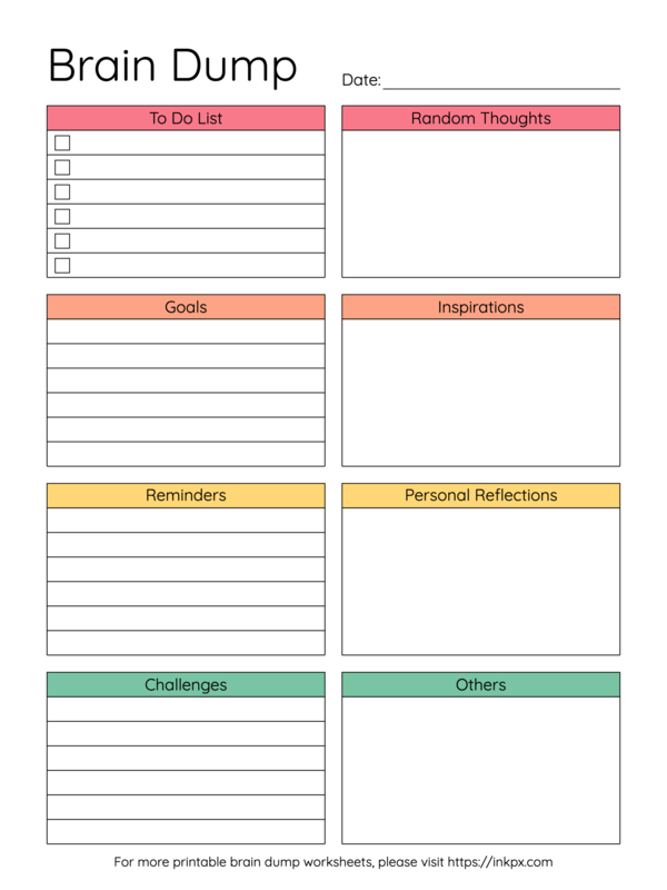 Free Printable Colorful Minimalist Brain Dump Worksheet Template InkPx