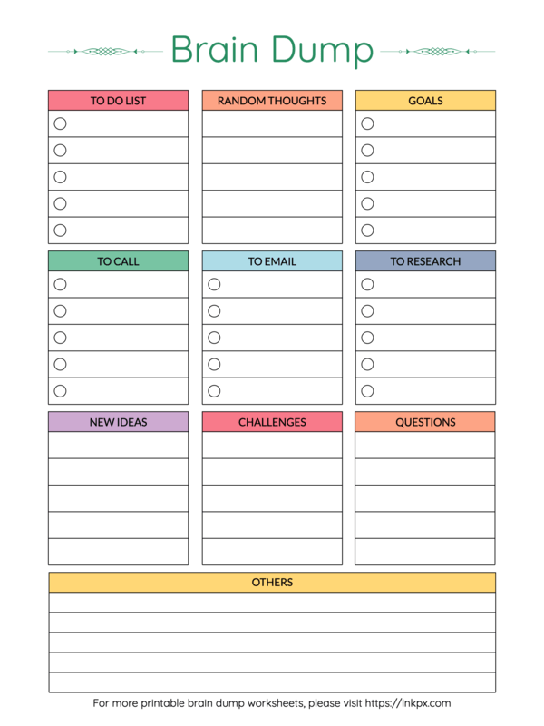 Free Printable Colorful Table Style Brain Dump Worksheet Template InkPx