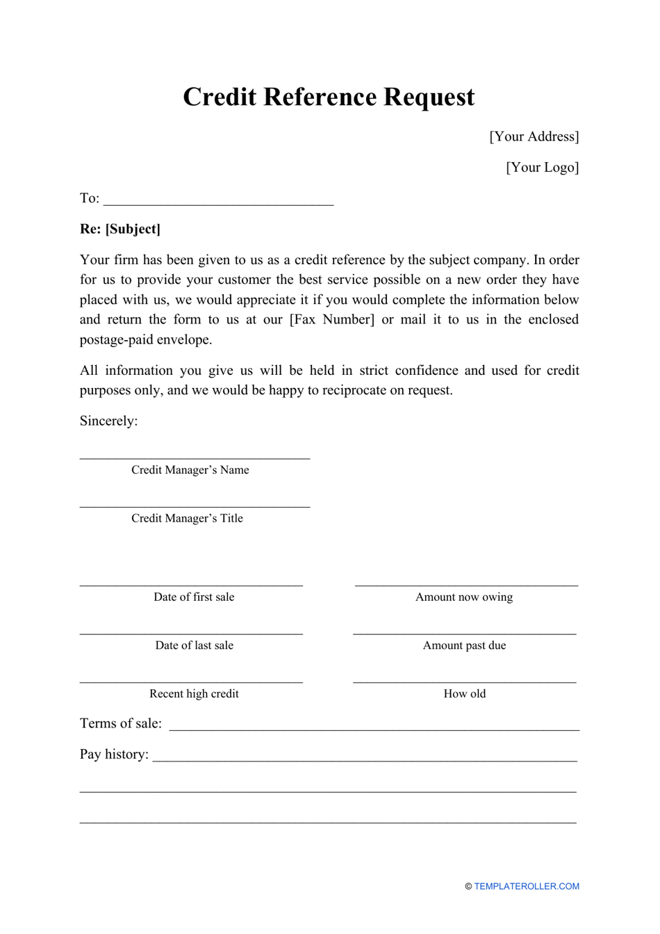 Free Printable Credit Reference Form