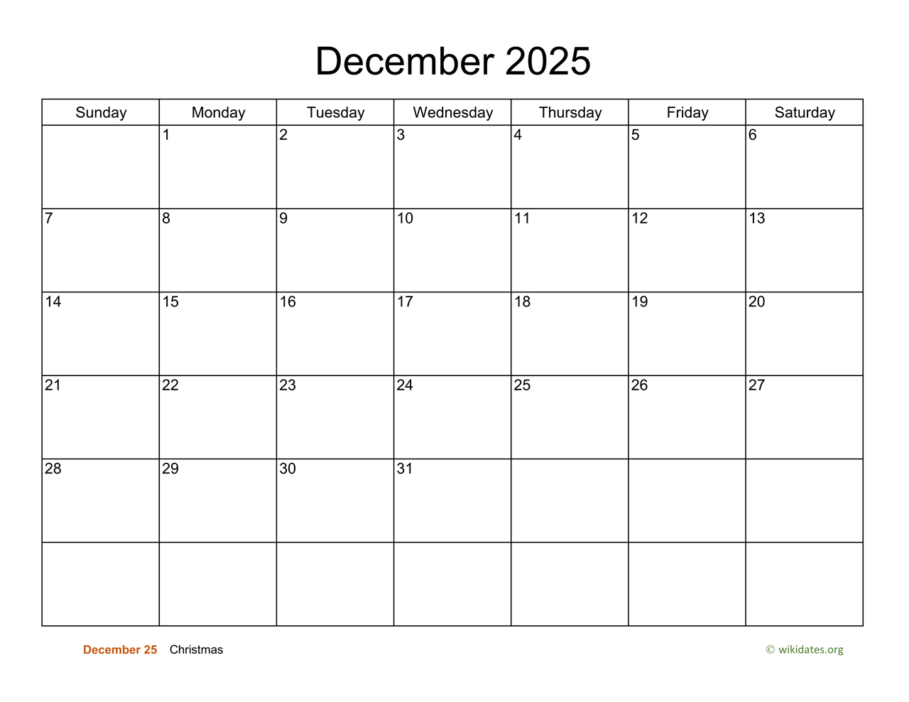 December 2025 Calendar Template Printable 85 X 11
