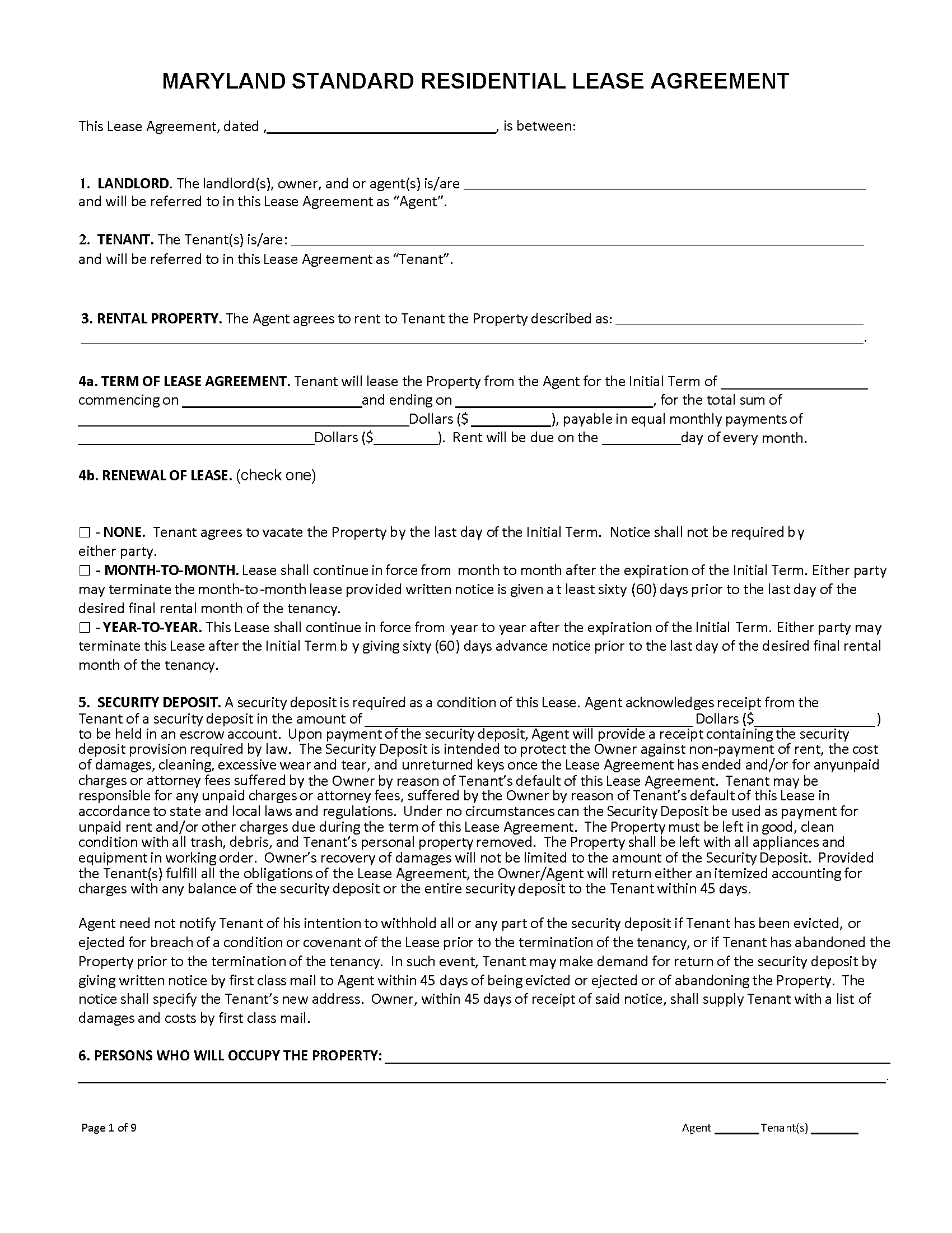 Printable Residential Rental Agreement Month To Month Maryland