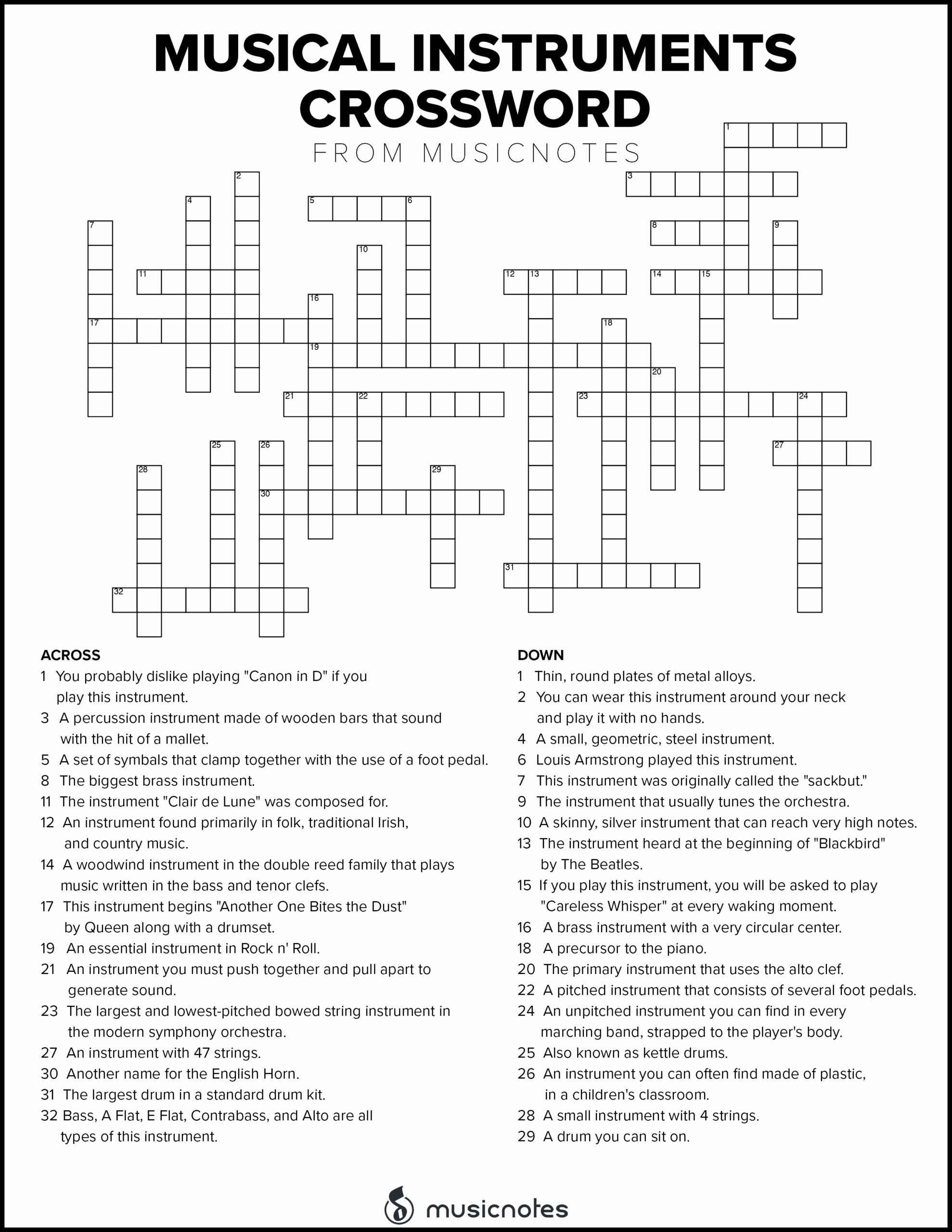 Free Printable Music Crossword Puzzles Emma Crossword Puzzles