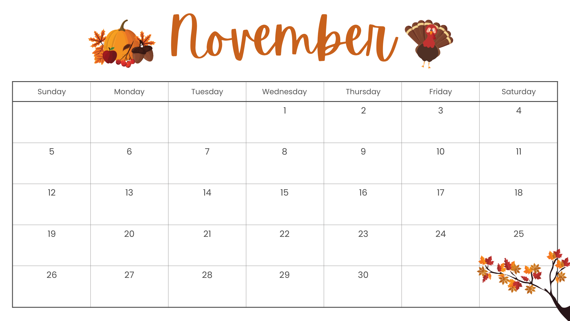 November Printable Calendar Template