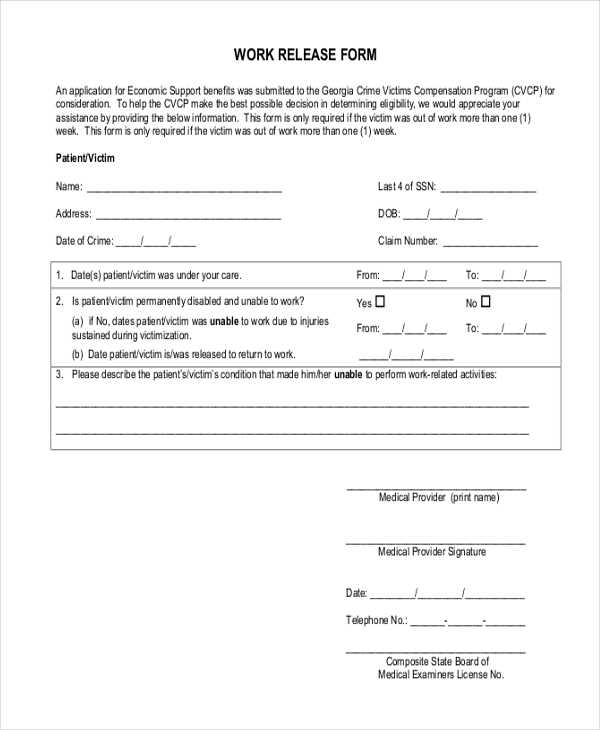 Work Release Form Printable Medical Release Form