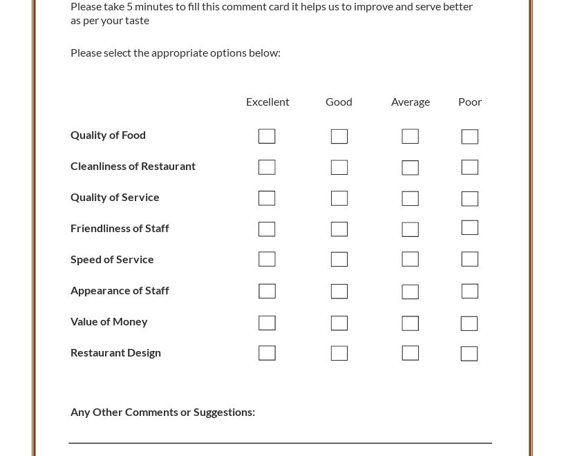 FREE Restaurant Comment Card Template Google Docs Word Apple Pages