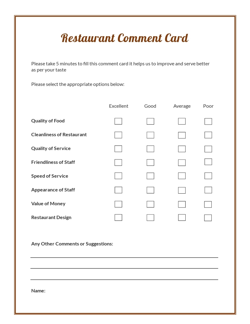 FREE Restaurant Comment Card Template Google Docs Word Apple Pages 