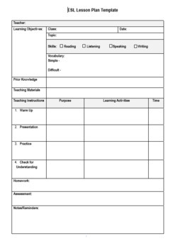 FREE Simple ESL Lesson Plan Printable Template Editable TPT