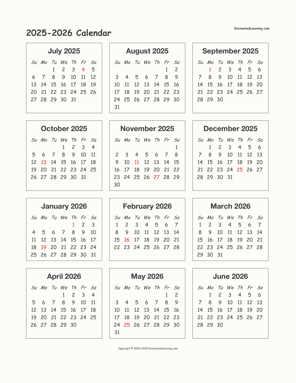 Printable Calendar 2025 School Year