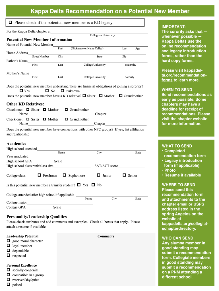 Kappa Kappa Gamma Rec Form Printable Printable Forms Free Online