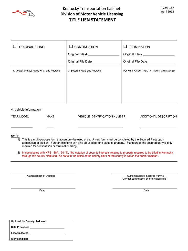 Kentucky Title Lien Statement Fillable Form Printable Forms Free Online
