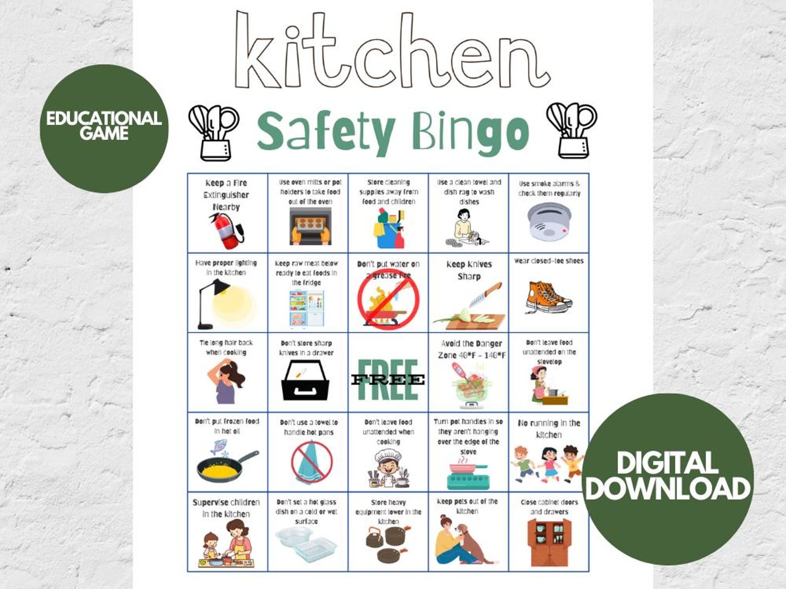 Kitchen Safety Bingo 50 Printable Bingo Cards Educational Game 