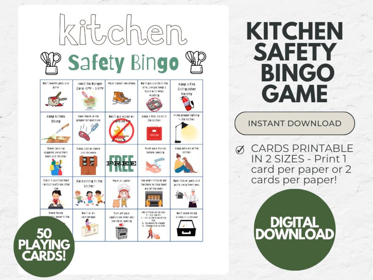 Kitchen Safety Bingo 50 Printable Bingo Cards Educational Game 
