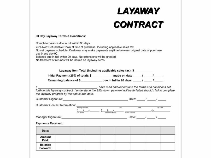 Layaway Agreement Form Printable Gridgit