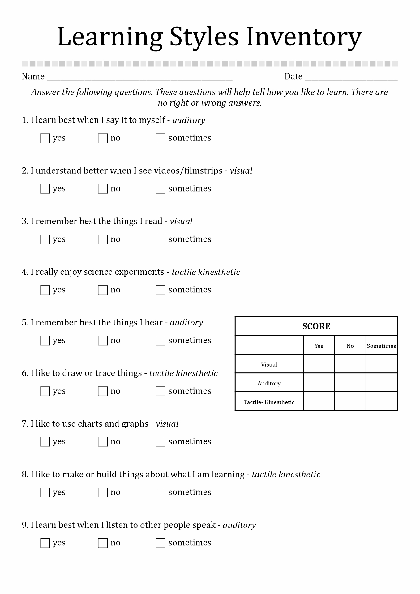 Learning Style Inventory Printable