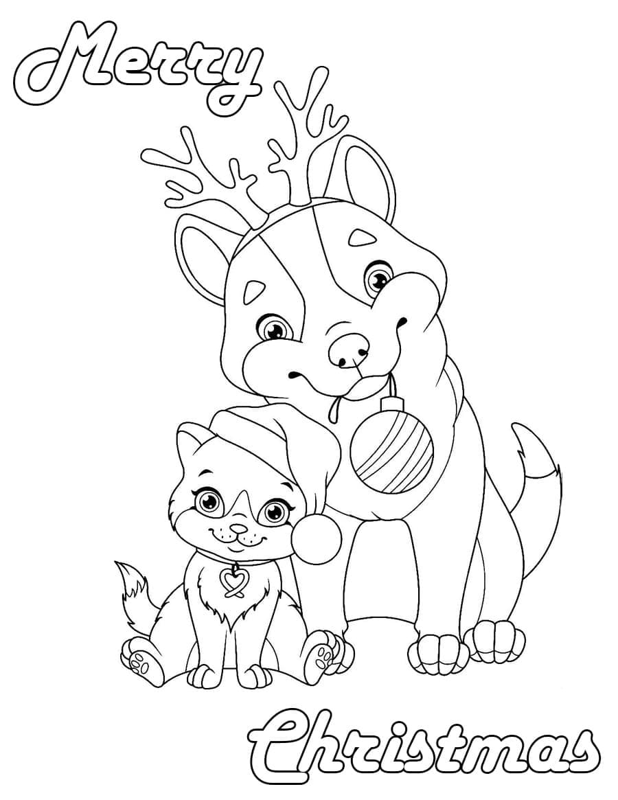 Merry Christmas With Cat And Dog Coloring Page Download Print Or 