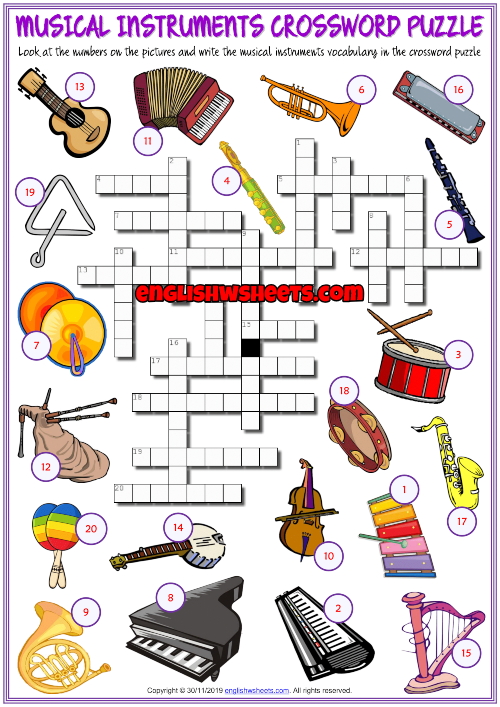Musical Instruments ESL Crossword Puzzle Worksheet For Kids
