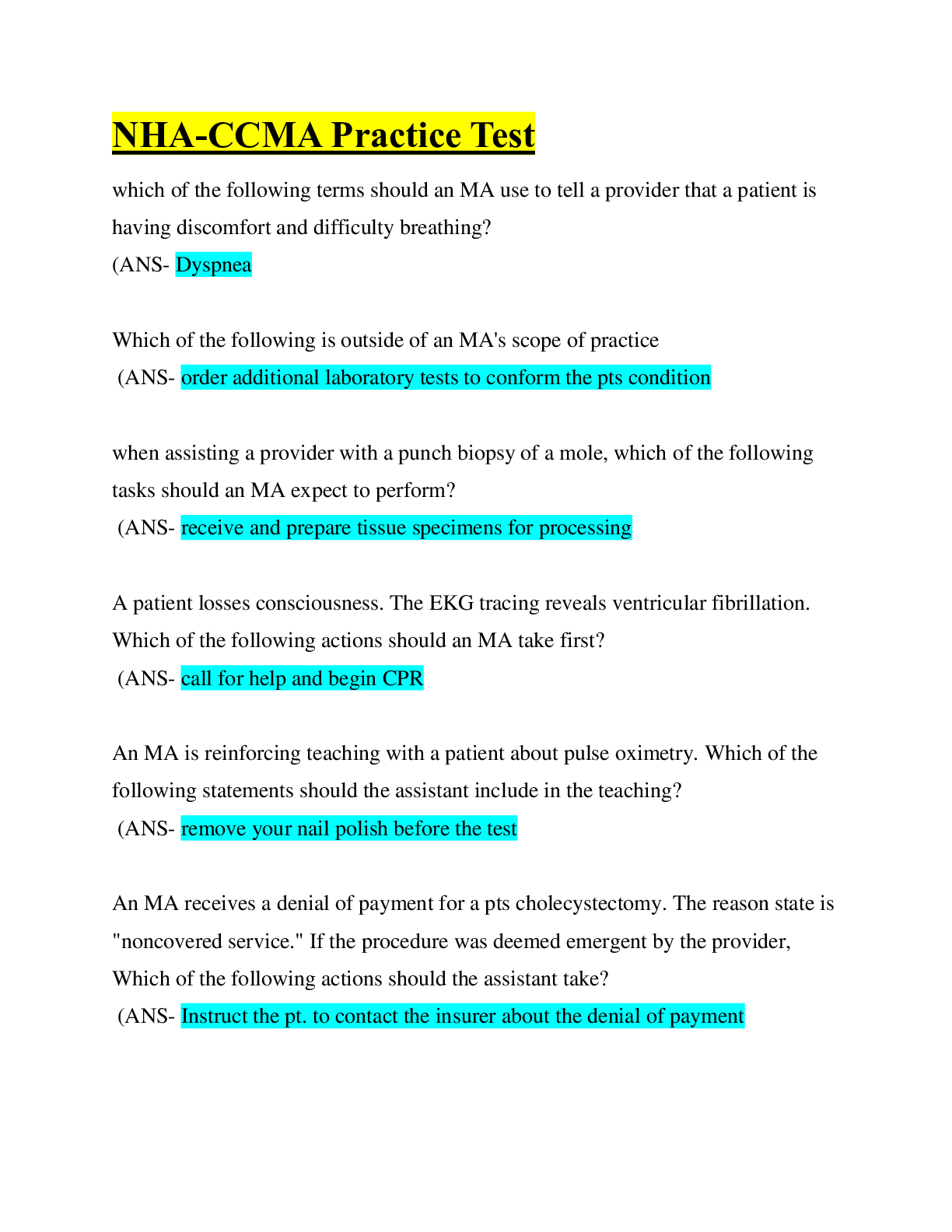 NHA CCMA Practice Test Questions Answers Latest 2022 2023 Browsegrades