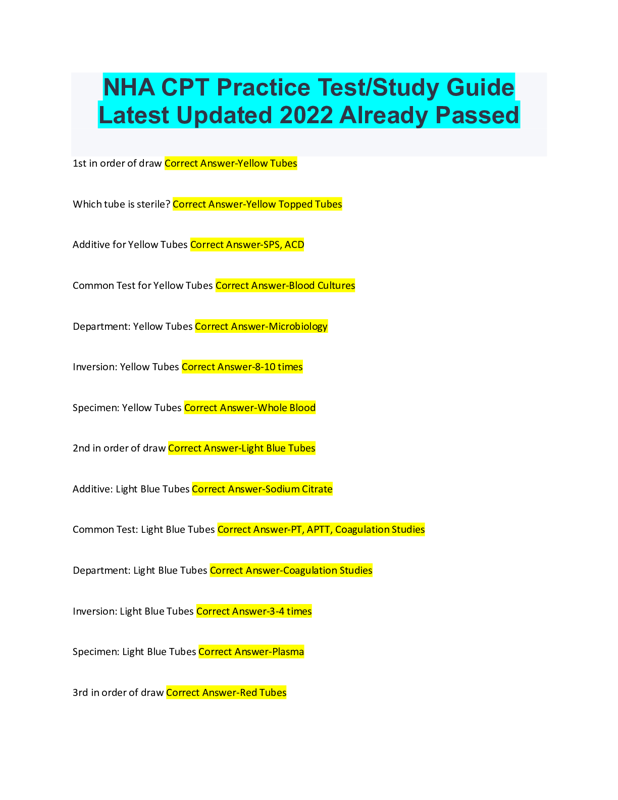 NHA CPT Practice Test Study Guide Latest Updated 2022 Already Passed