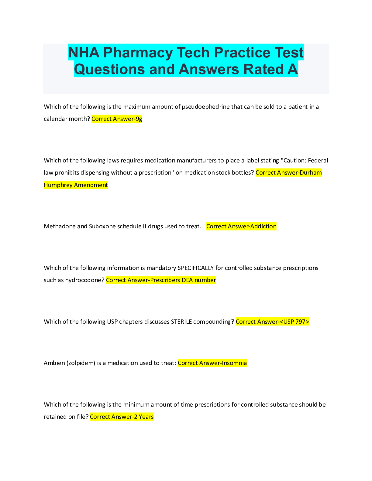 NHA Pharmacy Tech Practice Test Questions And Answers Rated A 