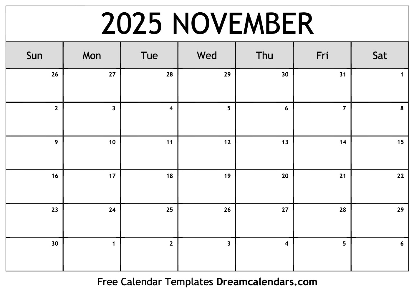 November Month Calendar 2025 Printable