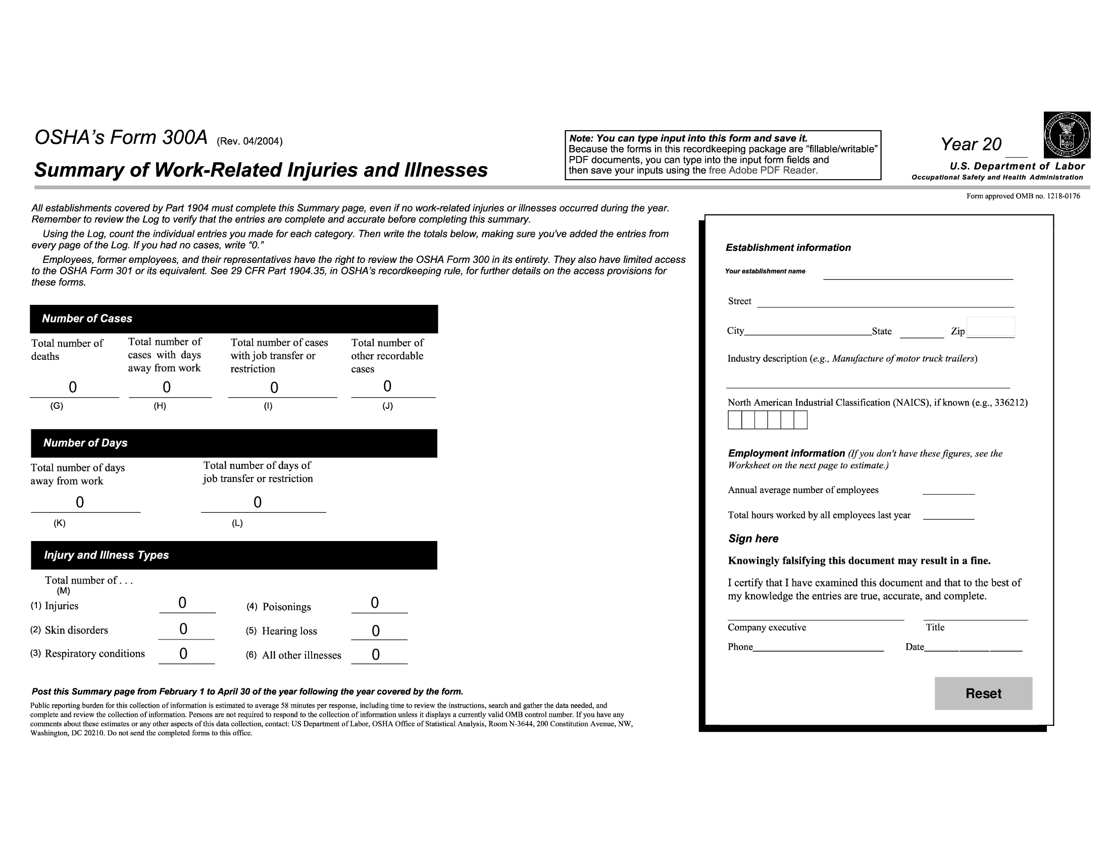OSHA Form 300A Summary Of Work Related Injuries And Illnesses Forms 