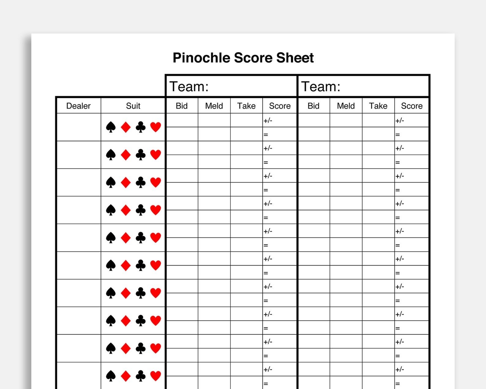 Pinochle Meld Chart Free Printable