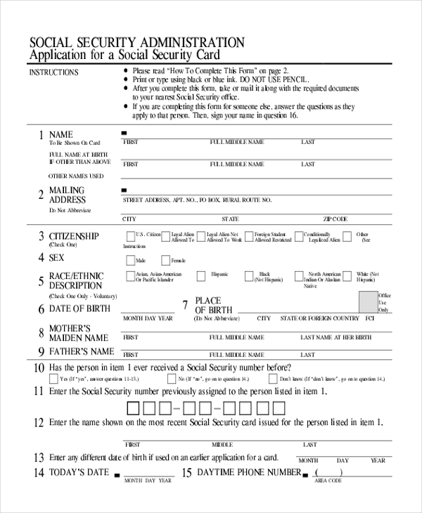 Printable Social Security Card Form