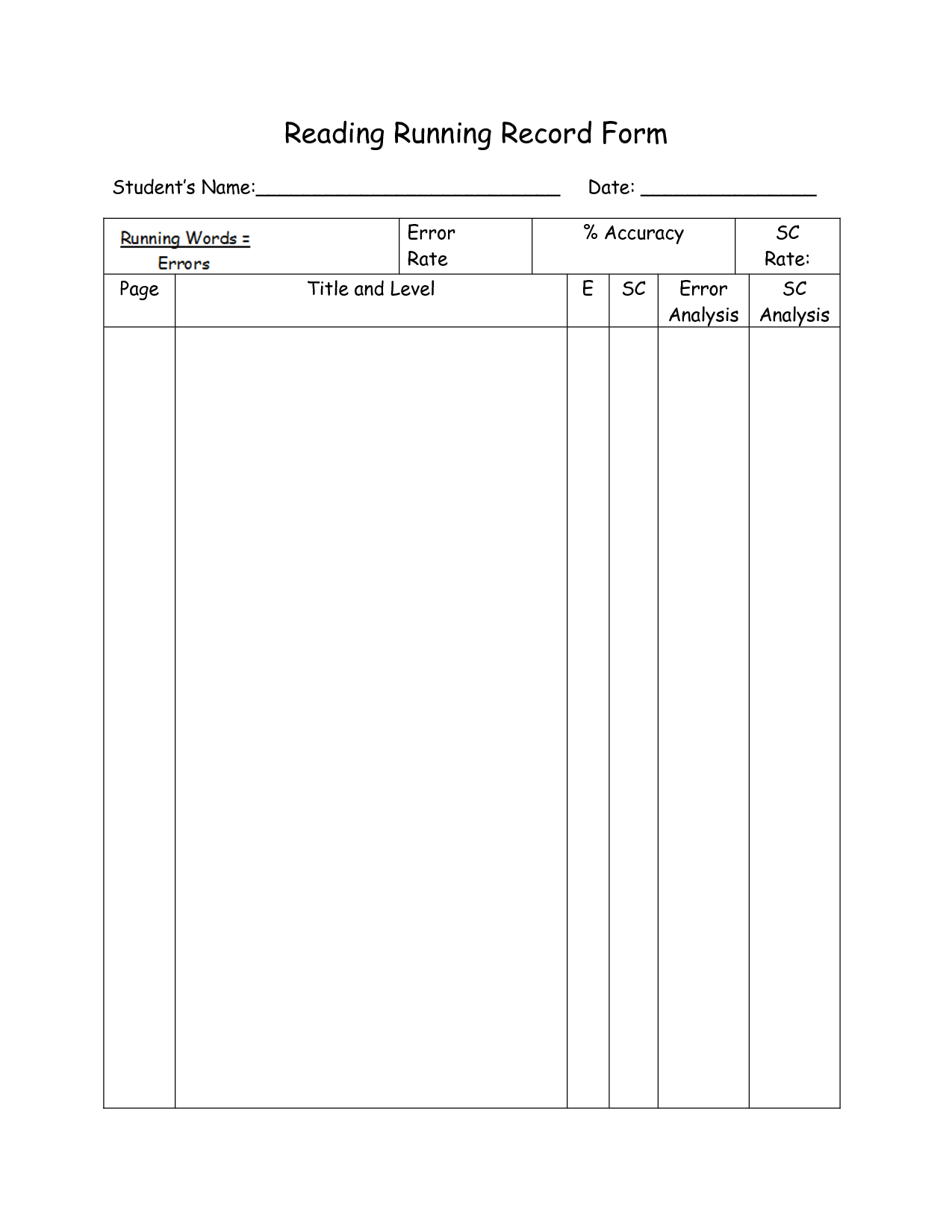 Printable Blank Running Record Form Fountas And Pinnell Printable 
