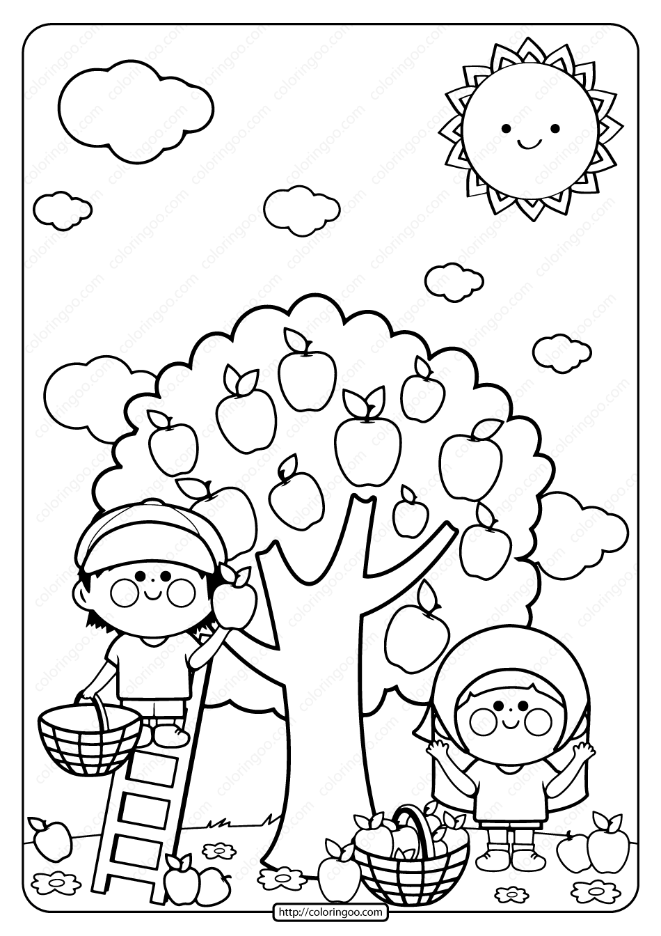Printable Children Picking Apples Coloring Page