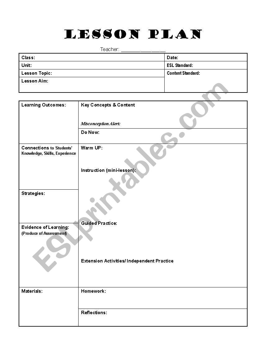 Printable Esl Lesson Plan Template Printable Templates Free