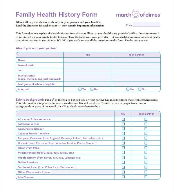 Printable Family Medical History Form Template