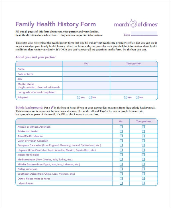 Printable Family Medical History Form Template