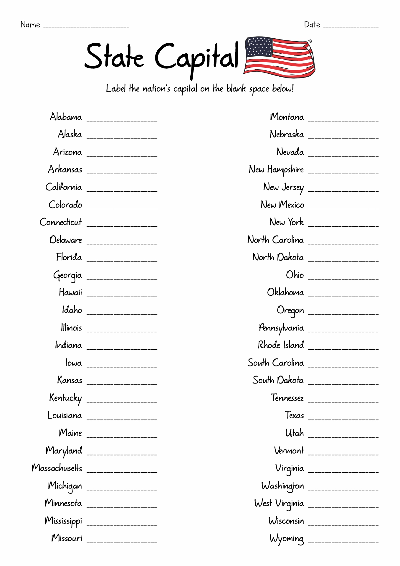 Printable Free States And Capitals Quiz Printable
