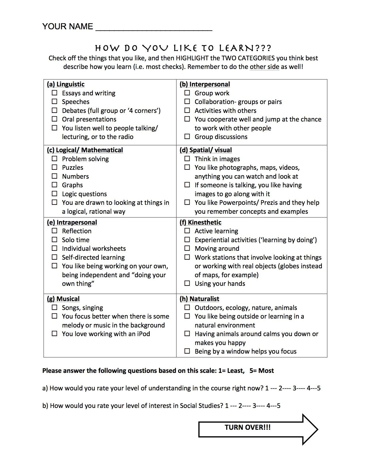 Printable Learning Styles Inventory Worksheet