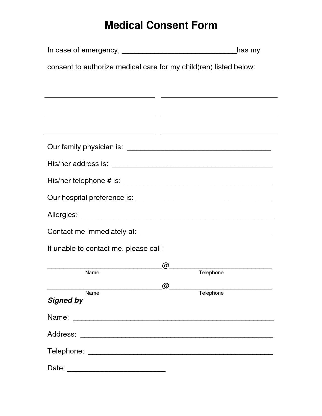 Medical Consent Form For Minor Printable