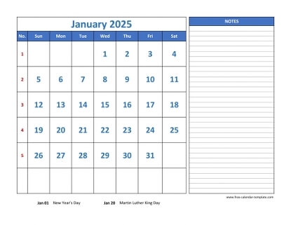 Printable Monthly 2025 Calendar box And Lines For Notes Free 