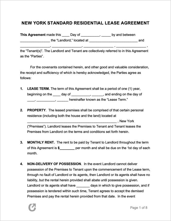 Printable Rental Agreement- Ny State Lease Form