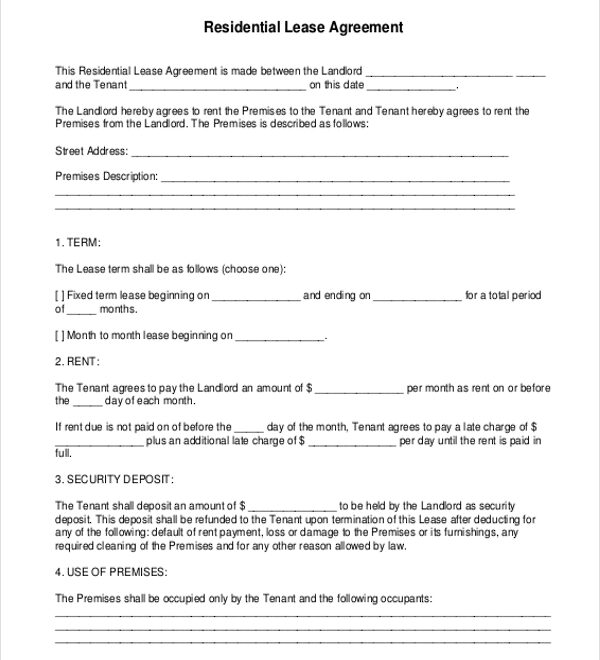 Printable Residential Lease Agreement Free