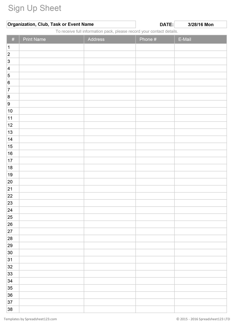 Free Printable Sign Up Sheet Word