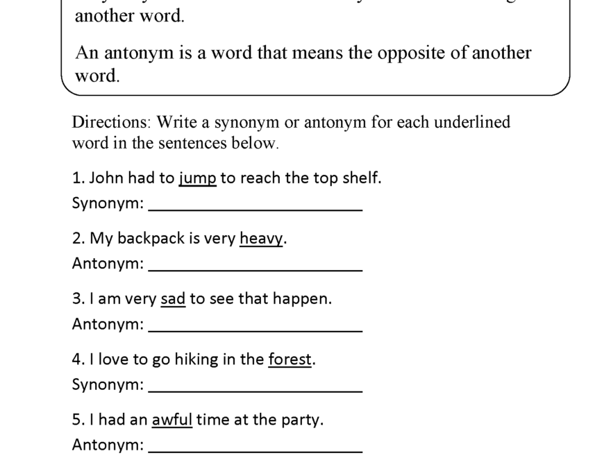 Printable Synonym And Antonym Worksheets