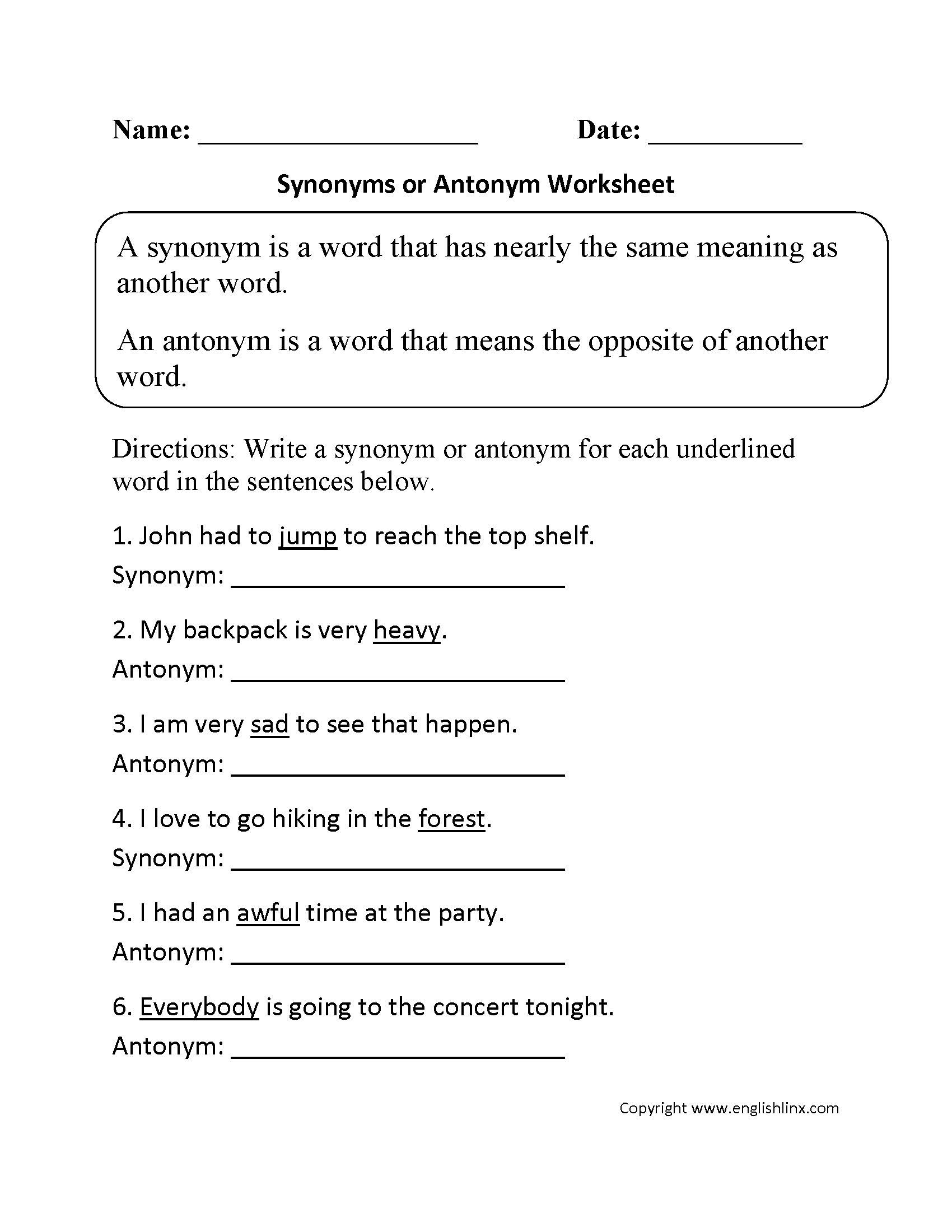 Printable Synonym And Antonym Worksheets