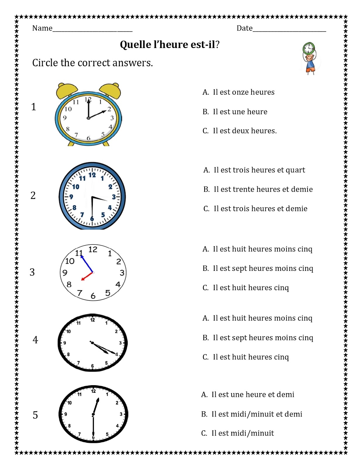 Telling Time In French Printable Worksheets