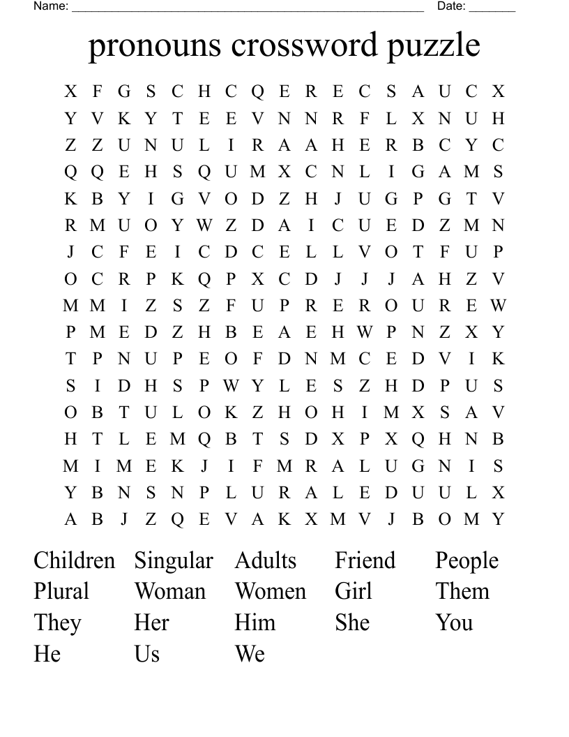 Pronouns Crossword Puzzle Word Search WordMint