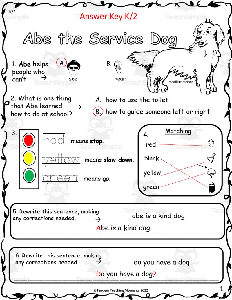  quot Abe The Service Dog quot Worksheet Packet By Teach Simple