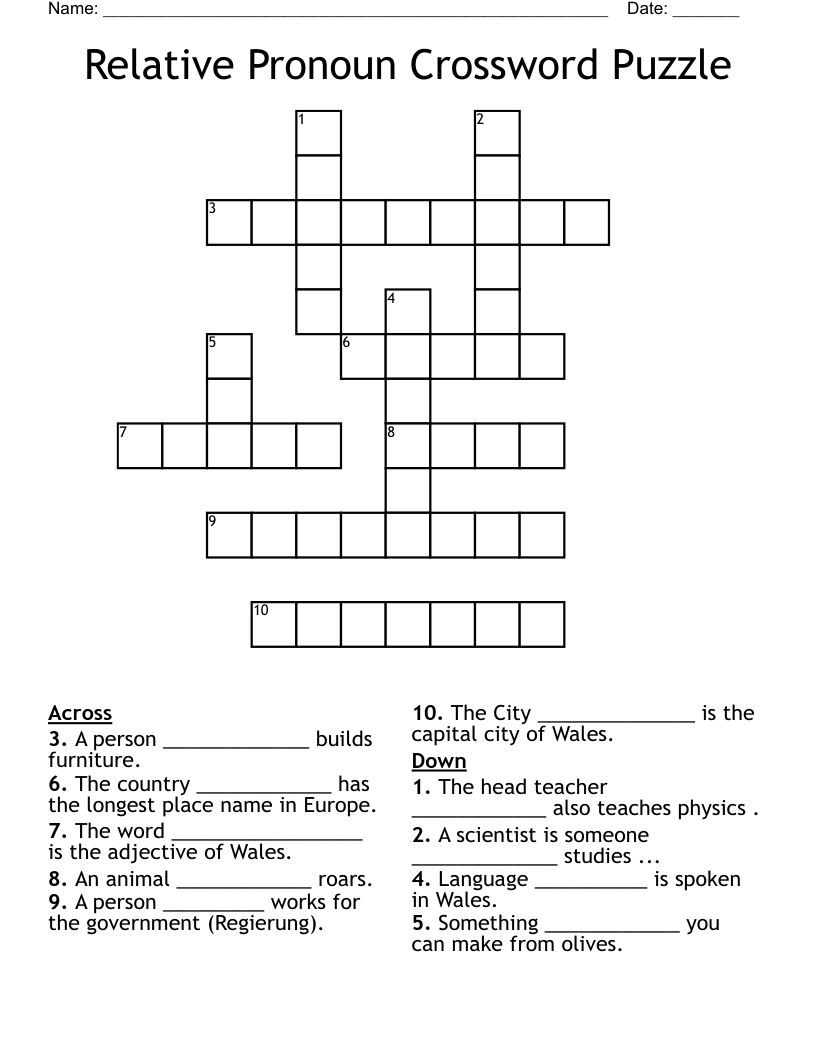 Pronoun Crossword Puzzle Printable