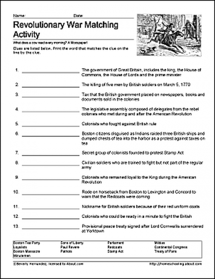 Free Printable Revolutionary War Worksheets