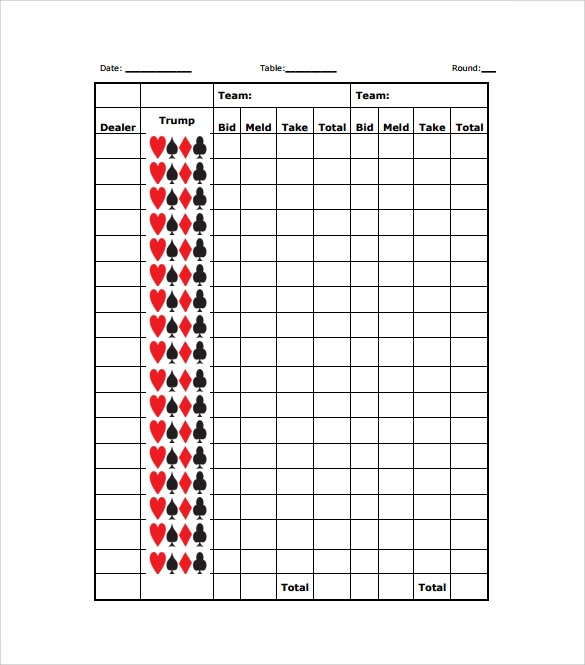 Score Sheet For Pinochle Card Game
